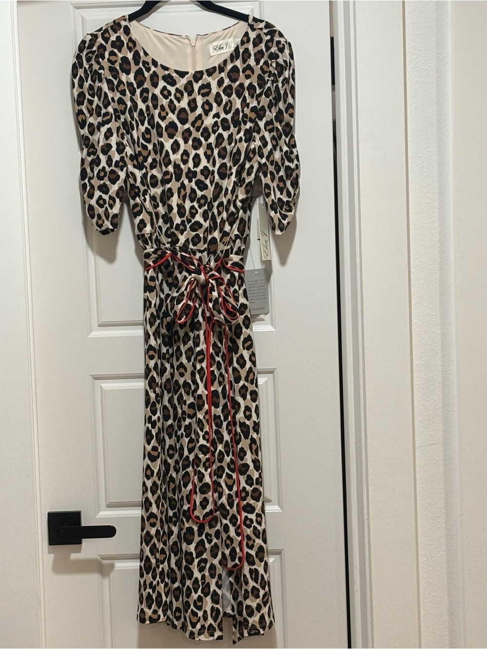 Eliza F Leopard Print Midi Dress Red Trim Belt